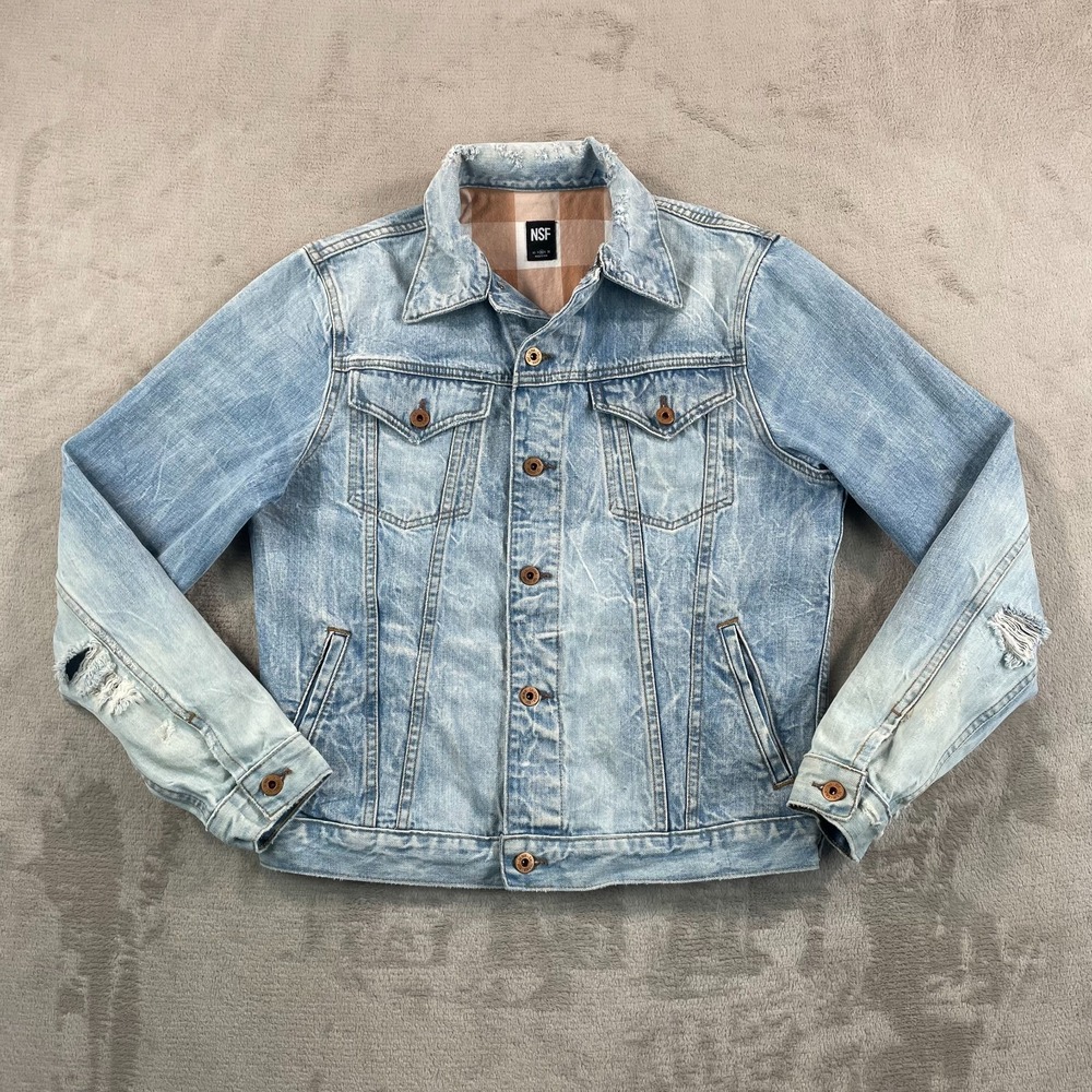 NSF Denim Trucker Jacket Men Medium Light Blue Wash Distressed Made in USA‎